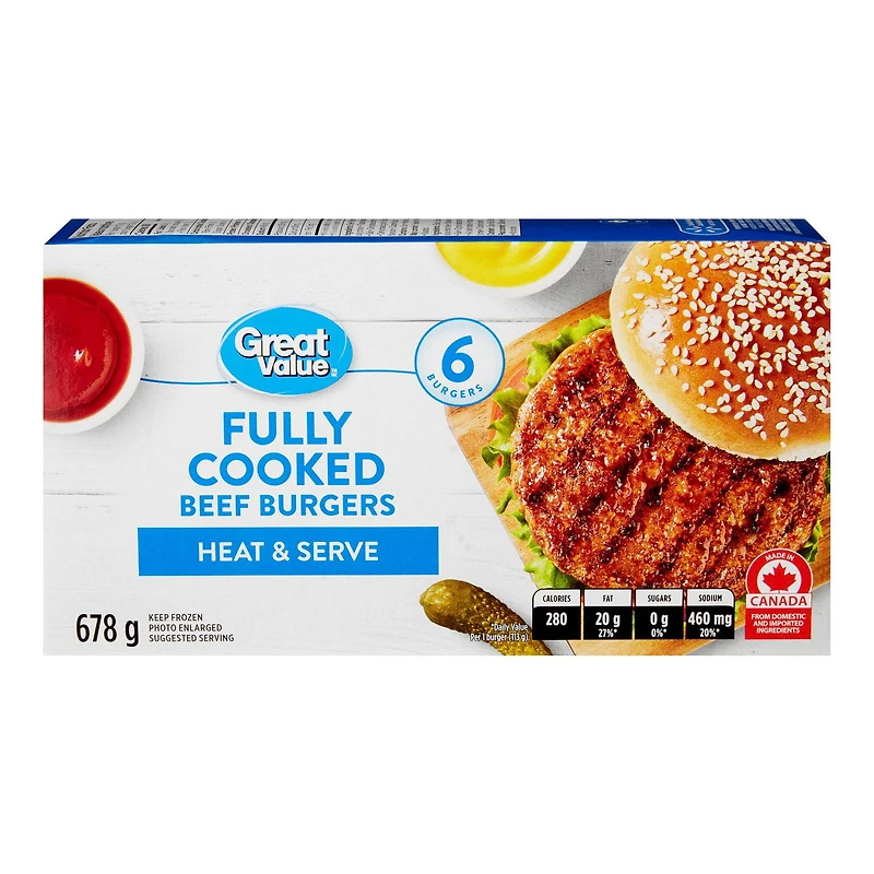 Great Value Fully Cooked Beef Burgers, 6 burgers, 678 g