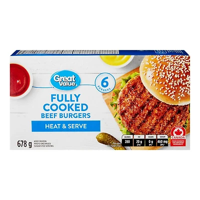 Great Value Fully Cooked Beef Burgers, 6 burgers, 678 g