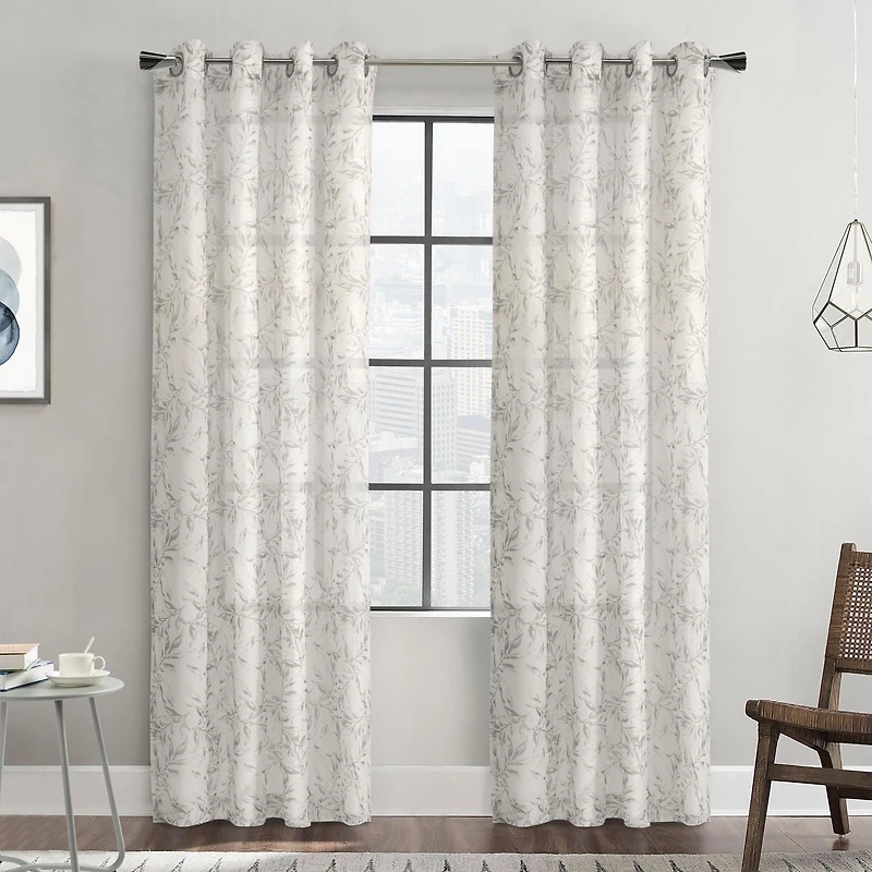 Loft Living Jennifer, panneau de rideau à oeillets diaphane avec imprimé botanique 52" x 95", gris