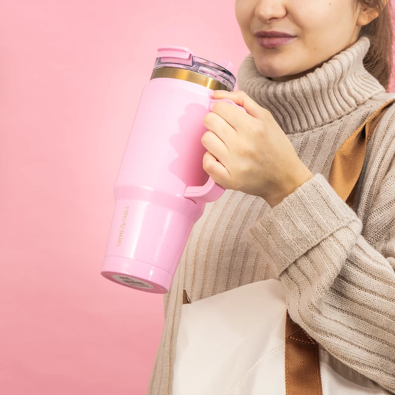 Thyme & Table 26 oz Water Bottle with Straw Lid, Pink with Heart Gold Charm