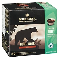 Dosettes de café Ours Noir de Muskoka Roastery Coffee Co. à torréfaction foncée en emballage d'une portion