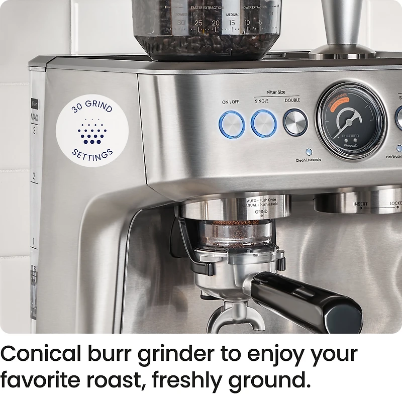 Chefman Crema Supreme Espresso Machine with Conical Burr Grinder and Steam Wand – Stainless Steel