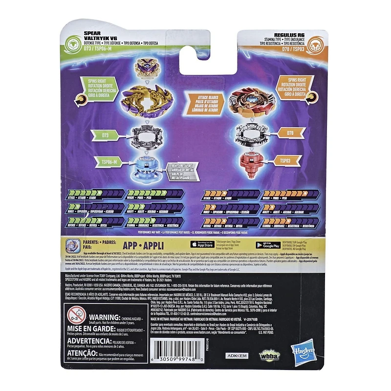 Beyblade Burst Surge, 2 toupies de compétition Speedstorm Spear Valtryek V6 et Regulus R6, jouet pour enfants, dès 8 ans