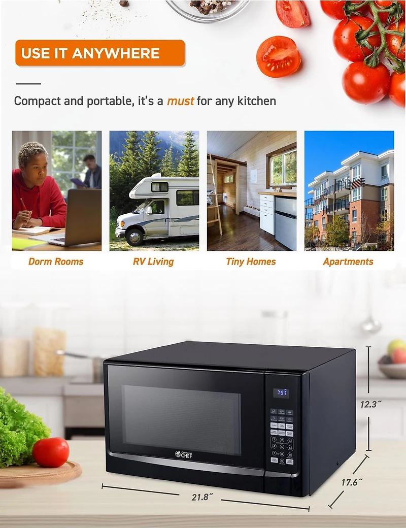 Micro-ondes Commercial Chef de 1,4 pied cube avec 10 niveaux de puissance, petit micro-ondes avec bouton-poussoir, micro-ondes de 1 100 watts avec panneaux de commande numériques