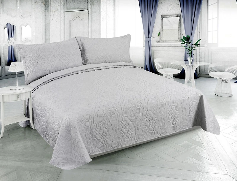 Marina Decoration Solid Embossed Pinsonic Coverlet Bedspread Bedding Ultra Soft Summer Quilt Set with Shams, Silver Color