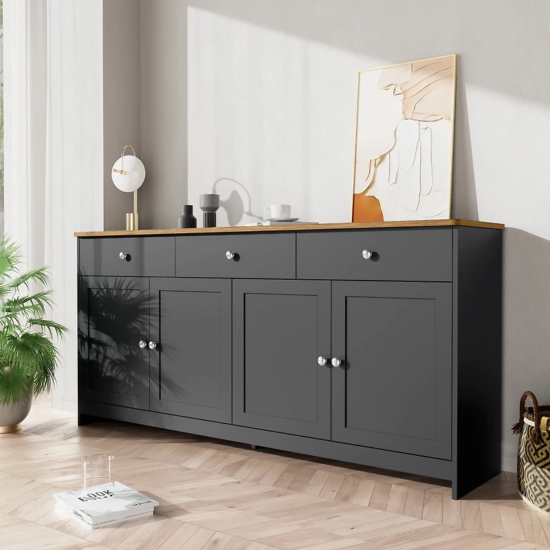Noble House Sideboard with Gray-Black Wood Grain, 4 Doors & 3 Drawers, Wood Tone and Gray-Black for Living/Dining Room