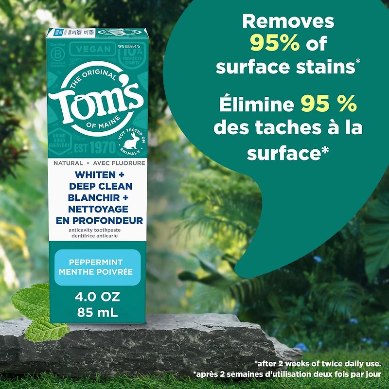 Tom’s of Maine Whiten Plus Deep Clean Whitening Toothpaste, Natural Whitening Toothpaste with Plant-Based Cleansers, Enamel Safe Formula, Whitens Without Causing Sensitivity, Peppermint, 113 g