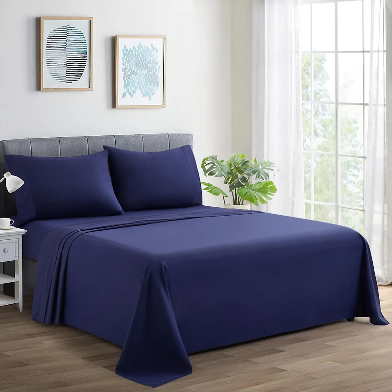 Marina Decoration 600 Thread Count Ultra Soft Deep Pocket Hotel Standard Solid Bedding Long Staple Percale Cotton All Season Sheet Set, Navy Blue Color