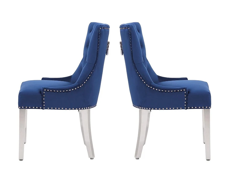 Chaise Eudora en bleu, chaise de salle à manger avec garniture cloutée, chaise de salle à manger en velours, chaise de salle à manger avec pieds en acier inoxydable pour cuisine et salon - Ensemble 2
