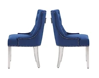 Chaise Eudora en bleu, chaise de salle à manger avec garniture cloutée, chaise de salle à manger en velours, chaise de salle à manger avec pieds en acier inoxydable pour cuisine et salon - Ensemble 2