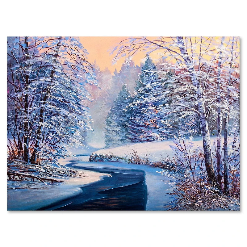 Designart Pastel Christmas Forest With River Canvas Wall Art