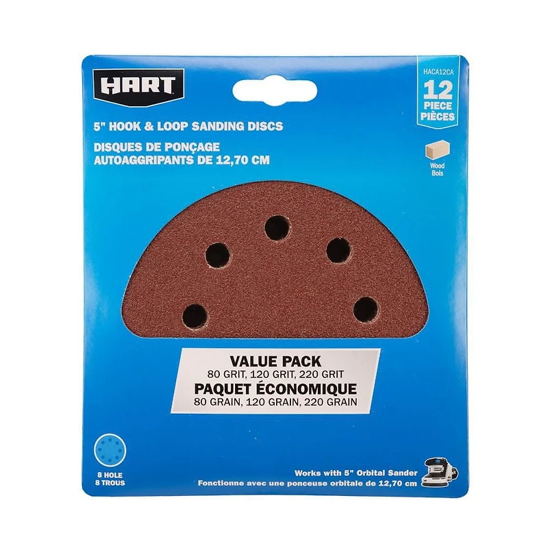 HART Assortiment de papier de sable Rand Orbit de 5 pouces (12-Pack) 80-120-220 Grain