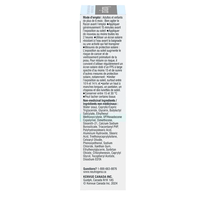 Écran solaire liquide Ultra Sheer Visage Neutrogena, léger, écran solaire pour le visage à large spectre FPS 50+ pour peaux sensibles, laisse un fini soyeux et non gras, sans oxybenzone 40 mL