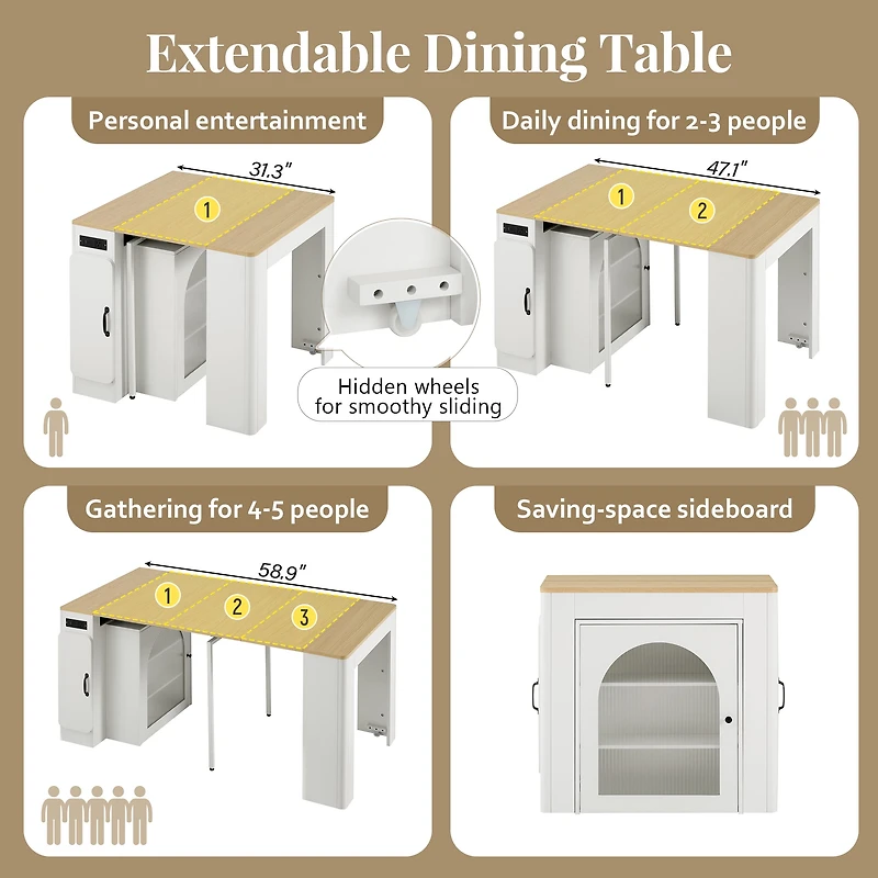 Noble House Table à manger extensible Horizon,3 feuilles amovibles avec îlot roulant Mobile et prise de courant, blanc crémeux + naturel