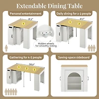 Noble House Table à manger extensible Horizon,3 feuilles amovibles avec îlot roulant Mobile et prise de courant, blanc crémeux + naturel