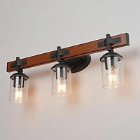 Globe Electric Kingston 3-Light Vanity Light, Dark Faux Wood, Galvanized Metal Accents, Clear Seeded Glass Shade, 51854