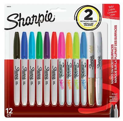 Marqueurs permanents Sharpie, pointe fine, couleurs assorties, 12 unités