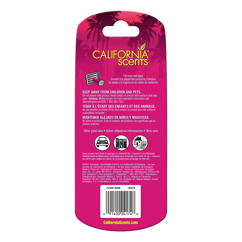 Assainisseur d’air de voiture California Scents en bâtonnet pour évent au parfum Cerise de Coronado – 6 unités Assainisseur d’air de voiture