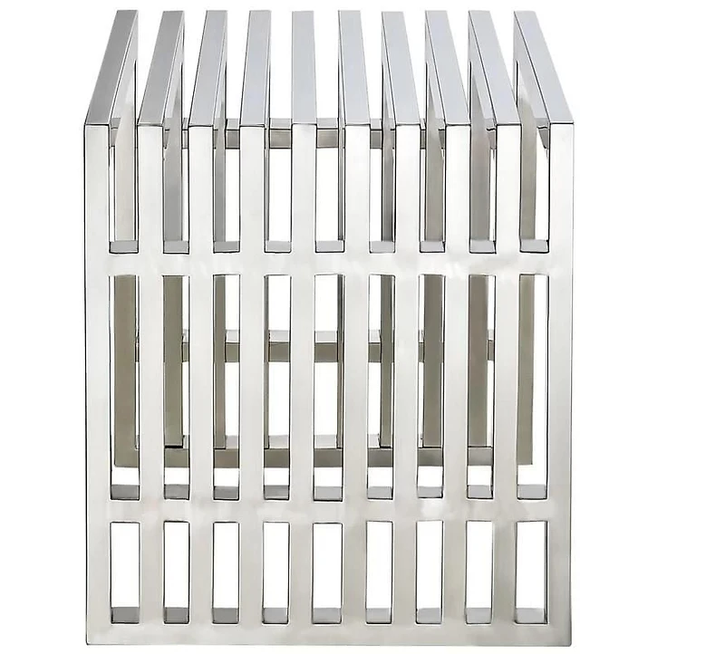 Banc moyen Vixey en chrome, banc en métal, banc poli en chrome, banc moyen en métal, banc d'entrée, banc moderne en métal au fini poli