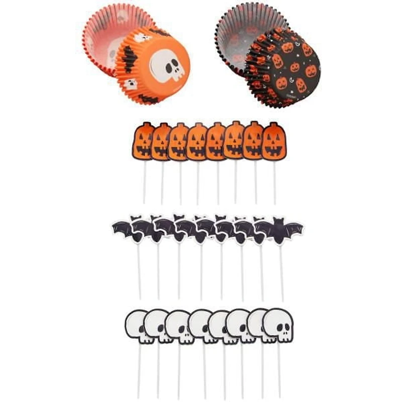 Trousse à petits gâteaux d’Halloween Crâne, chauve-souris et citrouille Wilton, 72 pièces