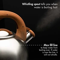 Primula Stainless Steel Whistling Kettle with Wood-Look Soft Touch Handles, Built-In Trigger Spout, Easy to Clean, 2.5 Quart