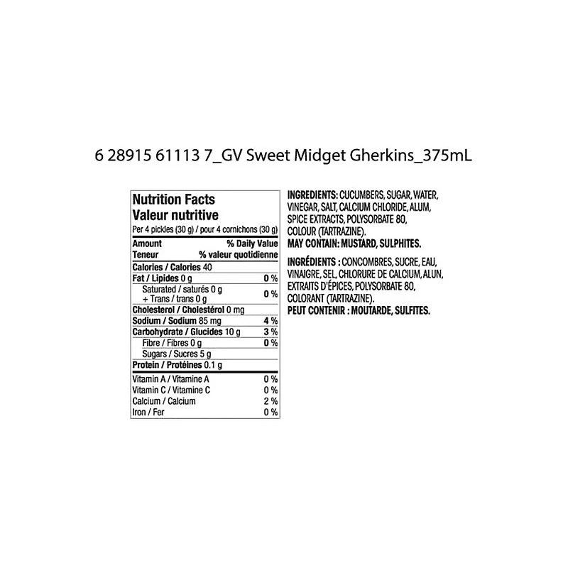 Great Value Sweet Gherkins Pickles, 375 mL