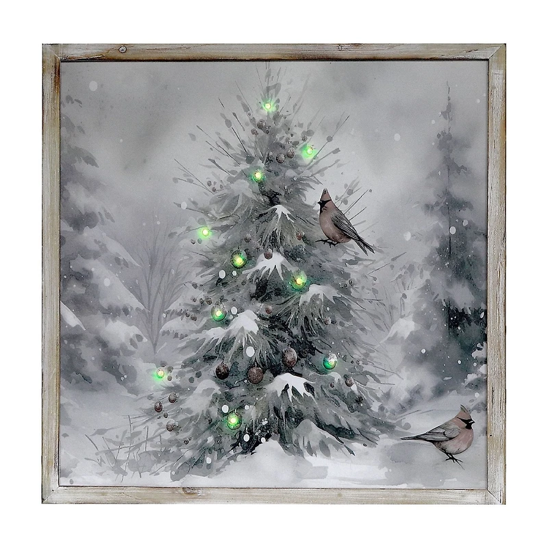Led Framed Wall Art (Snow Pine Tree With Birds)