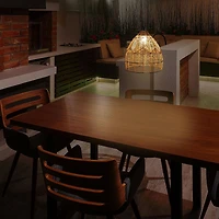 SOLAR HANGING LED LAMP WITH RATTAN STYLE SHADE, WARM WHITE