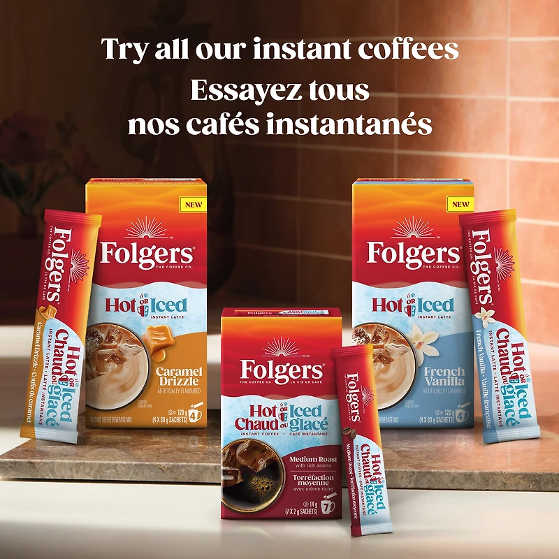 Folgers Hot Or Iced Caramel Drizzle Instant Latte 4 Sachets 120g, 4 x 30g Sachets (Total 120g)