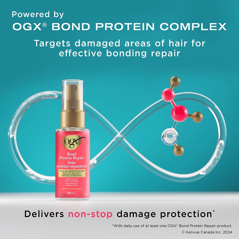 OGX® Repair & Protect Bond Protein Repair 3-in-1 Oil Mist, Multi-Benefit Hair Oil Protects Dry, Damaged Hair Against Frizz, Strengthens, & maintains Shine