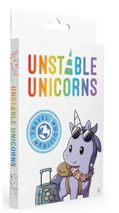 Teeturtle Unstable Licornes Édition Voyage - un Jeu de Cartes Stratégique et un Jeu de Fête pour Adultes et Adolescents This is an adaptation of our Unstable Unicorns base game- it’s been reduced down to 82 cards for an easy, convenient travel-size game that’s designed for 2-4 players | It features a lot of favorites from the original UU game in addition to a handful of new travel-themed cards. | Build a Unicorn Army