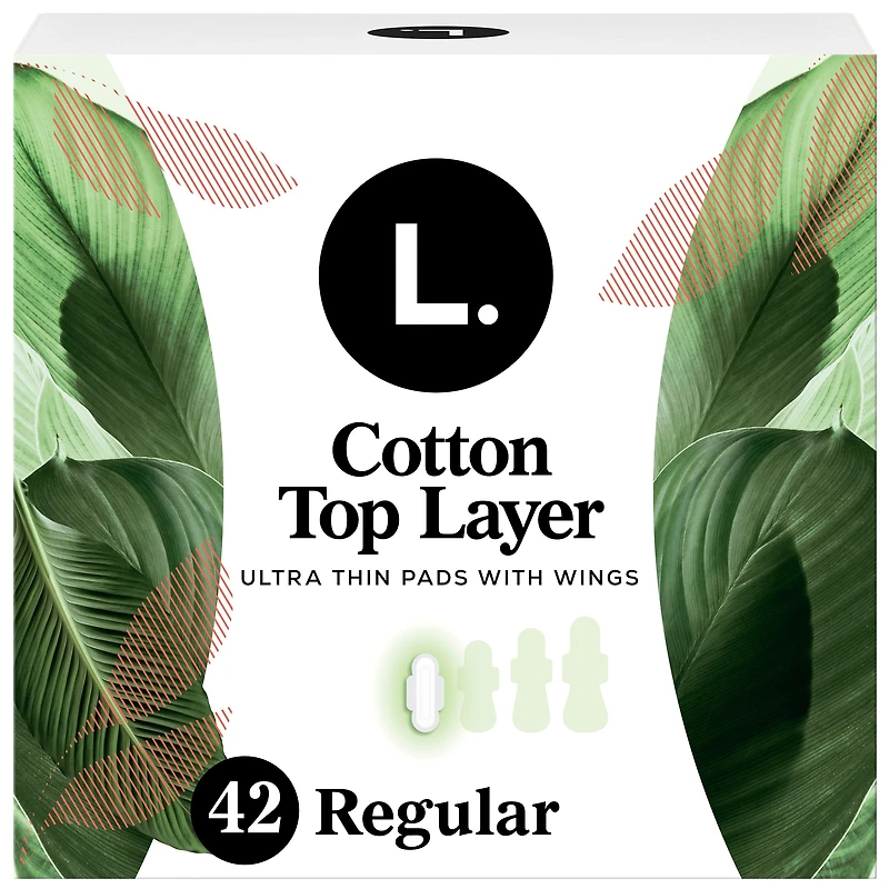L. Ultra Thin Pads for Women, Organic Cotton Top Layer, Regular Absorbency, Menstrual Pads with Wings, 42 Count