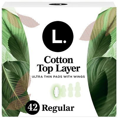 L. Ultra Thin Pads for Women, Organic Cotton Top Layer, Regular Absorbency, Menstrual Pads with Wings, 42 Count