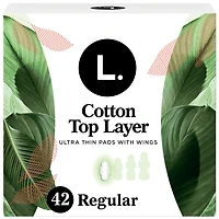 L. Ultra Thin Pads for Women, Organic Cotton Top Layer, Regular Absorbency, Menstrual Pads with Wings, 42 Count