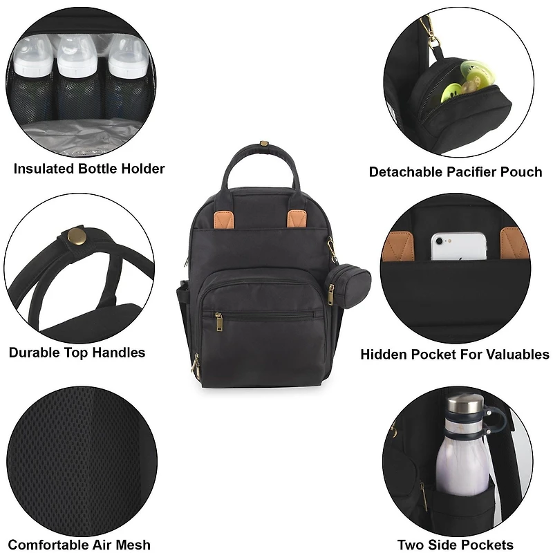 Baby Essentials ‘The Essential’ Multi-Pocket Mesh Padded Back Baby Diaper Bag Backpack with Insulated Bottle Pockets, Detachable Pacifier Pouch and Stroller Straps in Black