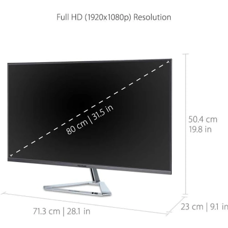 ViewSonic 32" 1080p Frameless Widescreen IPS Monitor with Screen Split Capability HDMI and DisplayPort, 1920x1080, Argent, VX3276-MHD