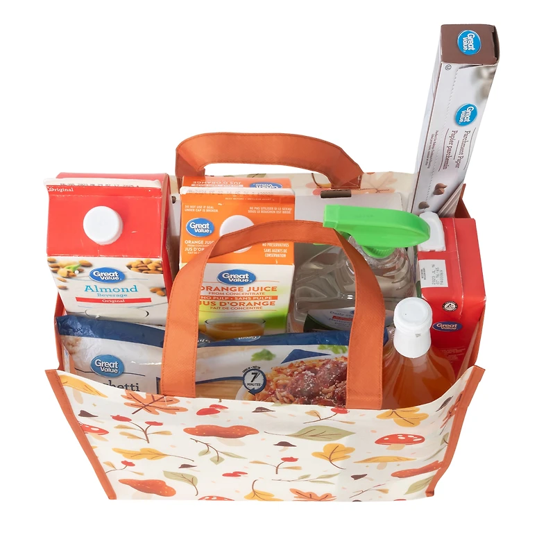 Reusable Shopping Grocery Bag, Seasonal Fall Tote Bag with Bottle Holder, Orange