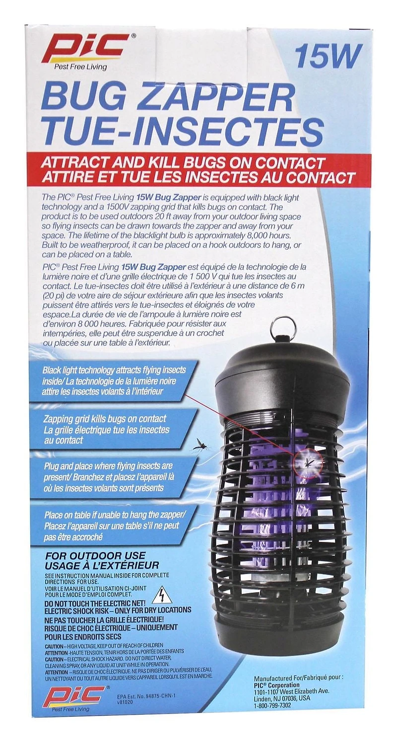 PIC® 15W BUG ZAPPER, ATTRACTS AND KILLS BUGS ON CONTACT!