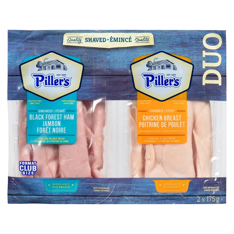 Jambon forêt noire et poitrine de poulet cuit émincé qualité Piller's 2x175g