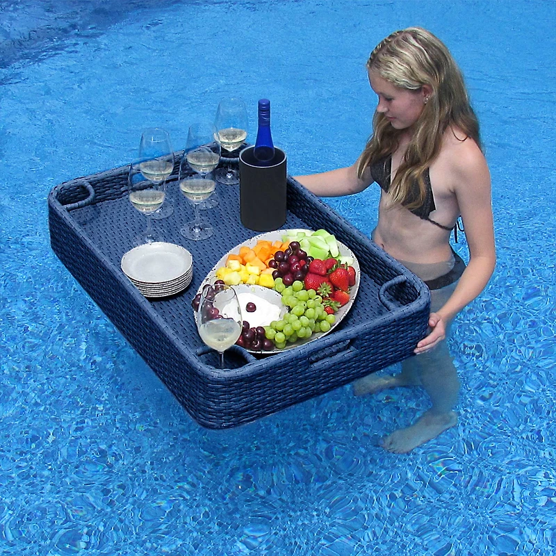 Sunjoy Wicker Floating Pool Tray 36''x24'',Aluminum Frame Pool Accessory Tray for Drinks, Snacks, and Essentials,Navy