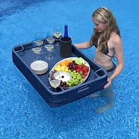 Sunjoy Wicker Floating Pool Tray 36''x24'',Aluminum Frame Pool Accessory Tray for Drinks, Snacks, and Essentials,Navy