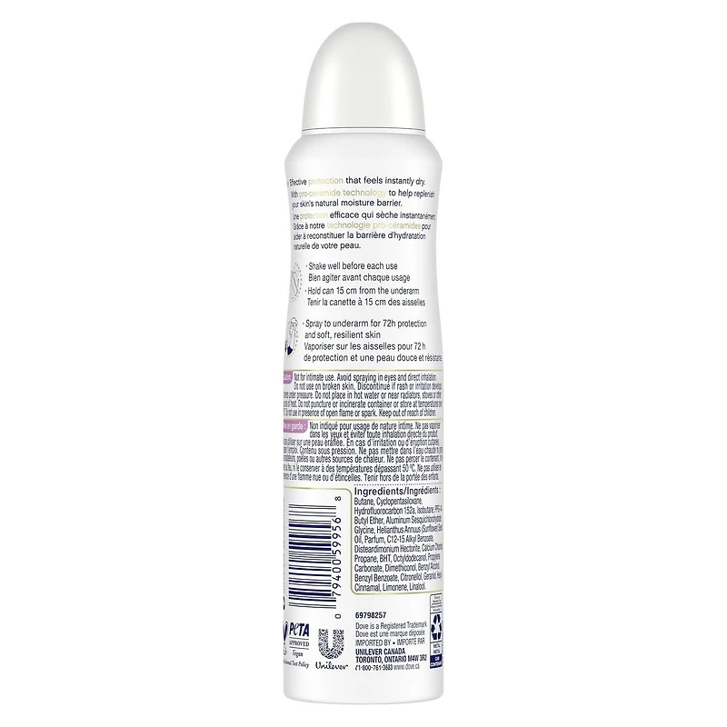 Antisudorifique en Vaporisateur à Sec Dove Soin Avancé Parfum Fini Clair, 107g Antisudorifique