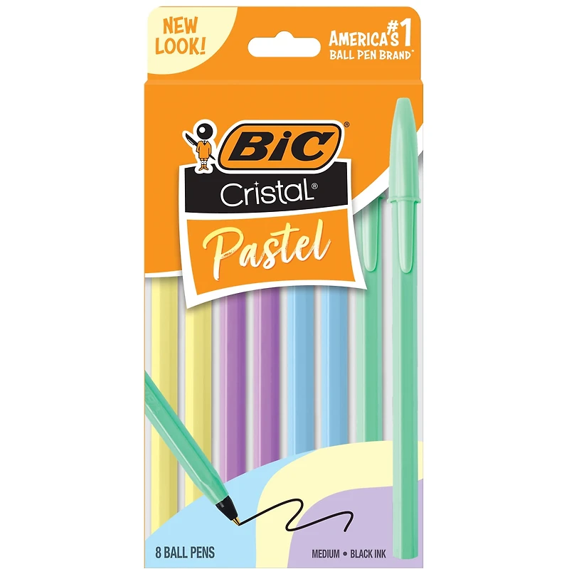 BIC Cristal Stylos à Bille Pastel, Encre Noire, Corps aux Couleurs Pastel, Stylos pour Journal Intime, Paquet de 8