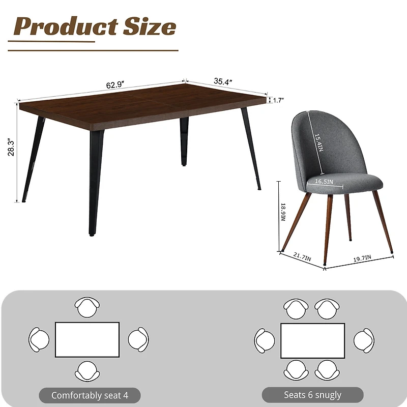Homy Casa Modern 5-Piece Rectangular Fuax Walnut Dining Table Set with Padded Chairs, Grey Fabric