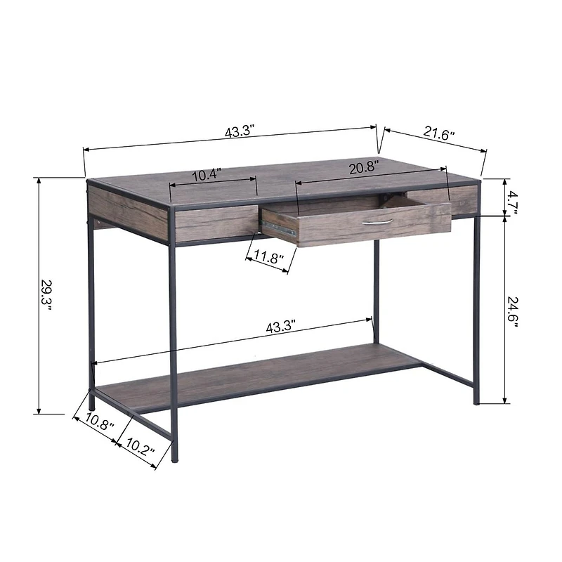 Homylin Home Office Computer Desk with Drawer, Retro Style 43" Wooden Writing Desk, Laptop Study Table Workstation, Stable Metal Frame, Rustic Dark Brown