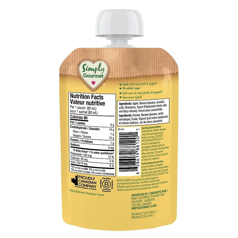 Simply Gourmet Poche de Purée Smoothie Pomme, Banane, Fraise et Yogourt – 6 mois+