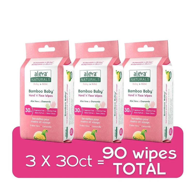 Aleva Naturals Bamboo Baby Serviettes pour Mains et Visage  - 90ct (30 Serviettes x 3)