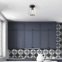 Plafonnier affleurant à 1 ampoule noir mat avec abat-jour en verre transparent