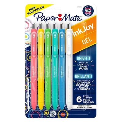 Stylos InkJoy Bright de Paper Mate, stylos à gel, pointe moyenne (0,7 mm), rétractables, couleurs vives assorties, 6 unités