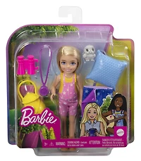 Coffret Barbie Vive le Camping avec Poupée Chelsea (environ 15 cm, Blonde), Hibou, Sac de Couchage, Jumelles et Accessoires de Camping, Cadeau pour les Enfants de 3 à 7 ans Âges 3+